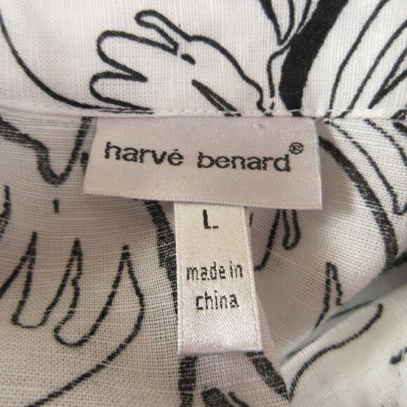 Harve Bernard Black and White Linen Blouse Size L Abstract Floral - Picture 10 of 16